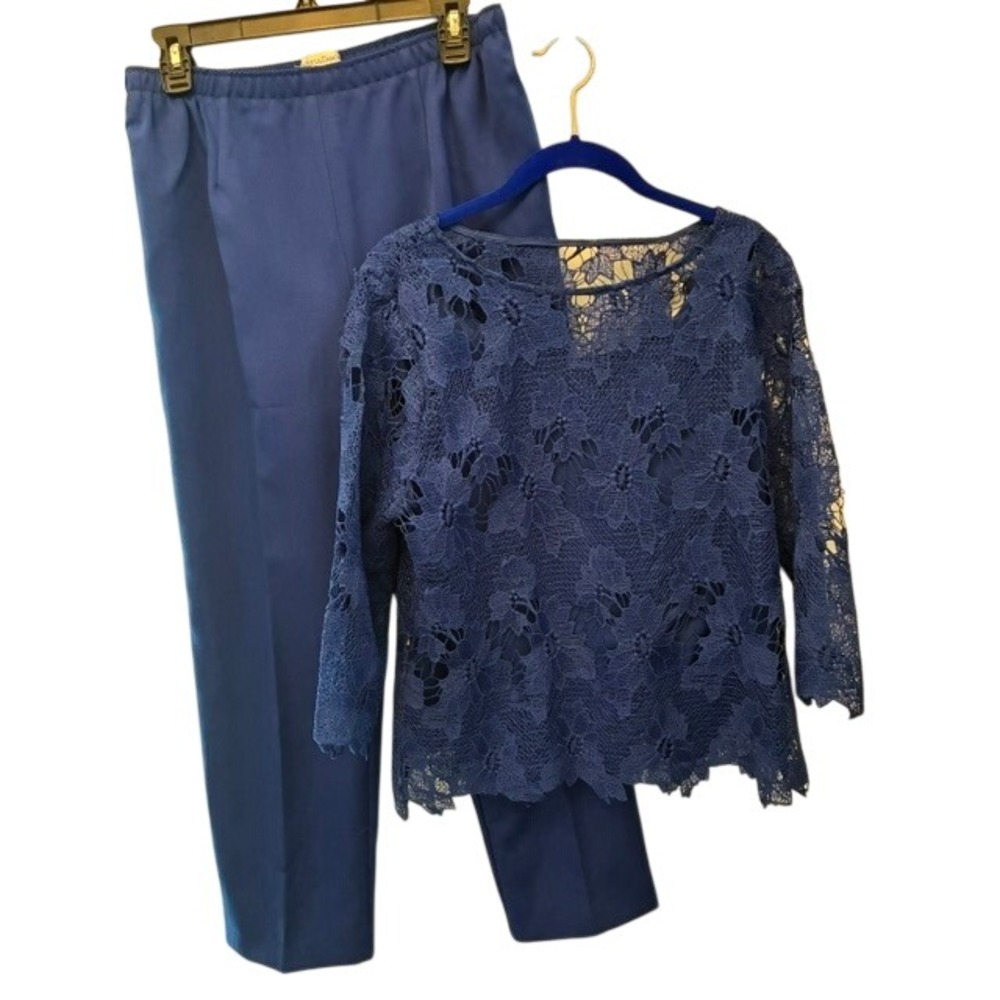 Drapers & Damons Pant Set Womens 12P Blue Excellent Lace Top Trousers 2pc